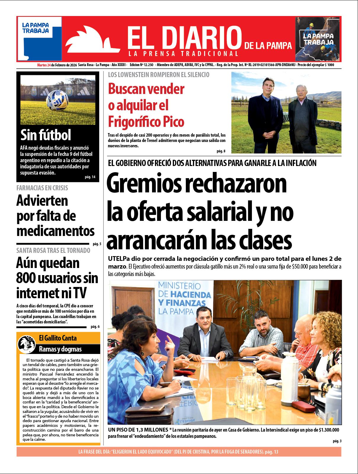 Tapa de El Diario en papel  martes 24 de febrero de 2026